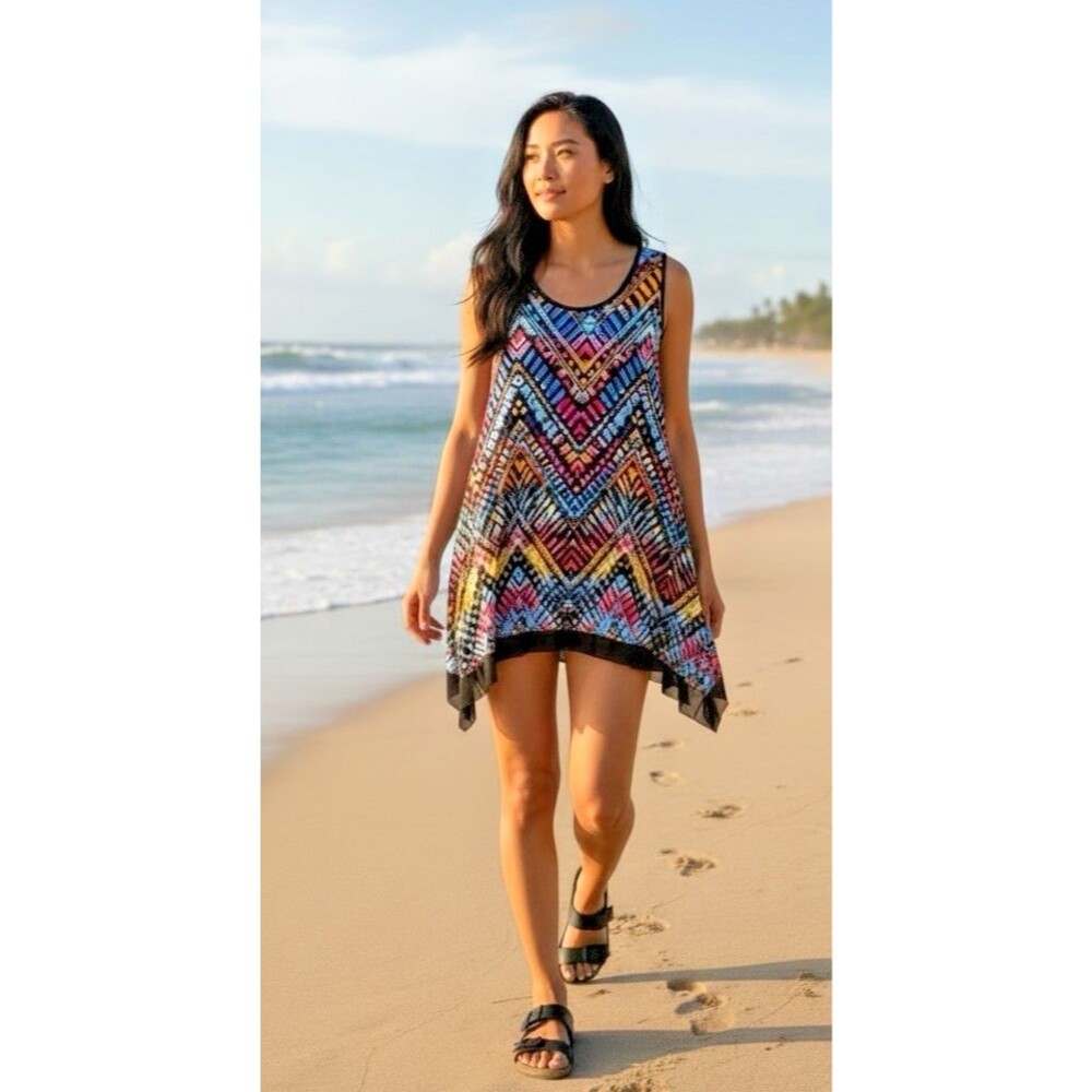 Cupio sleeveless colorful summer cool asymetrical dress Large travel vacation
